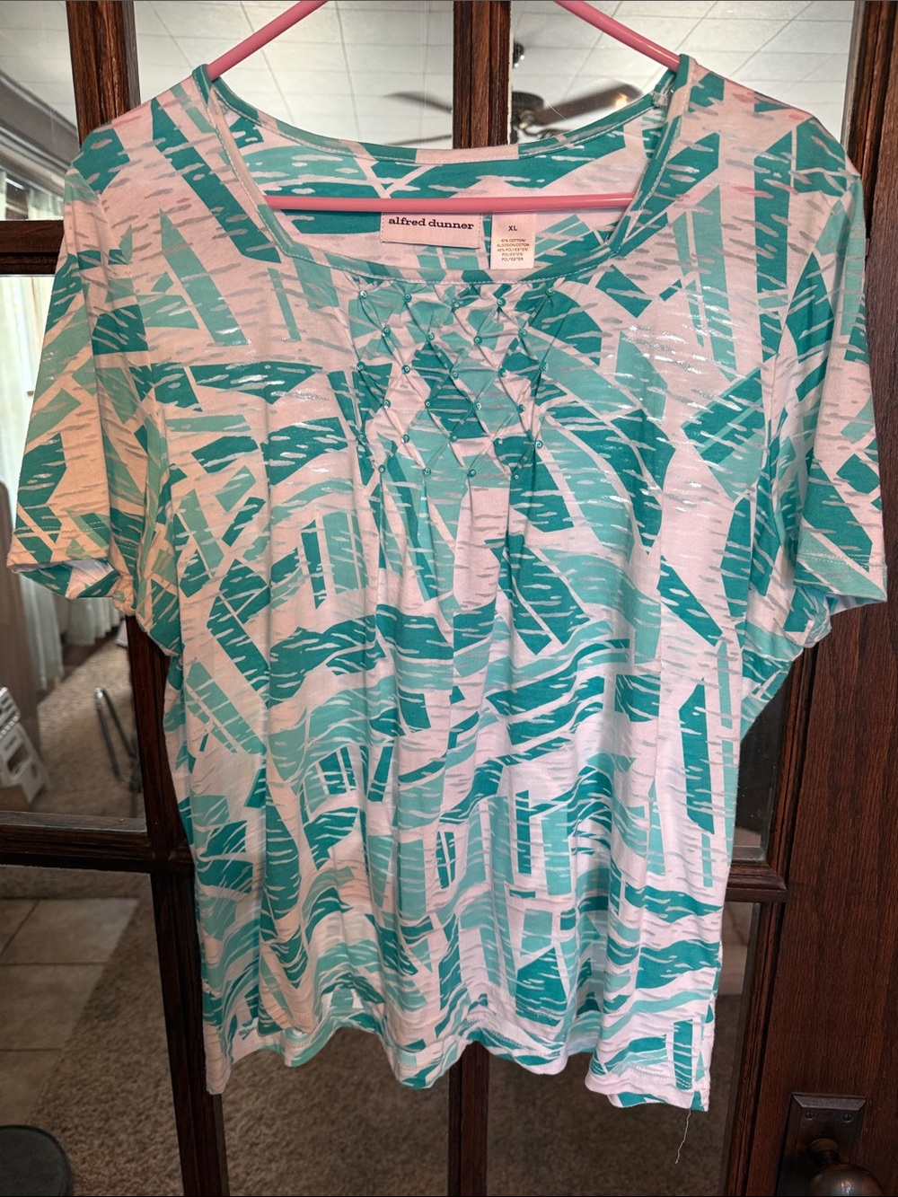 Alfred Dunner Teal White Geometric Sequin Smocked Short Sleeve Knit Top XL